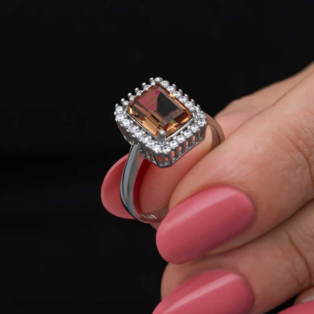 Sterling Silver Zultanite Ring - Emerald Cut Halo Statement