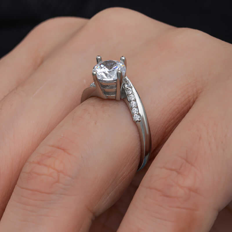 Solitaire Ring - Sterling Silver Clear Stone Accent Band