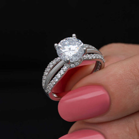 Sterling Silver Solitaire Ring - Brilliant Cut & Pave Split Shank