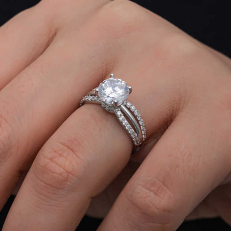 Sterling Silver Solitaire Ring - Brilliant Cut & Pave Split Shank