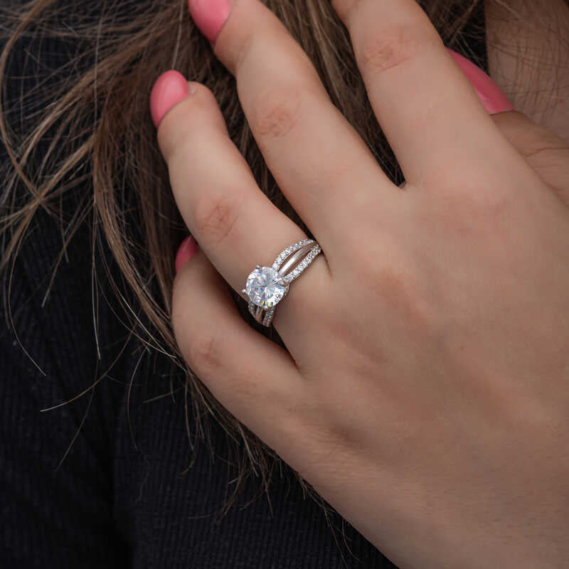 Sterling Silver Solitaire Ring - Brilliant Cut & Pave Split Shank