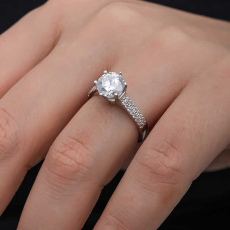 Elegant Solitaire Ring - Sterling Silver with Pavé Band