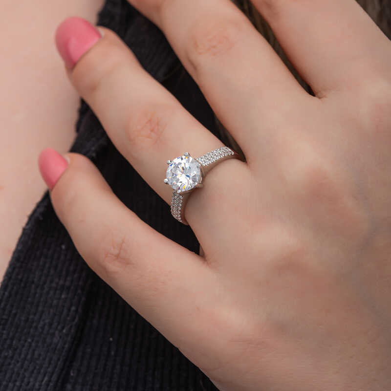 Elegant Solitaire Ring - Sterling Silver with Pavé Band