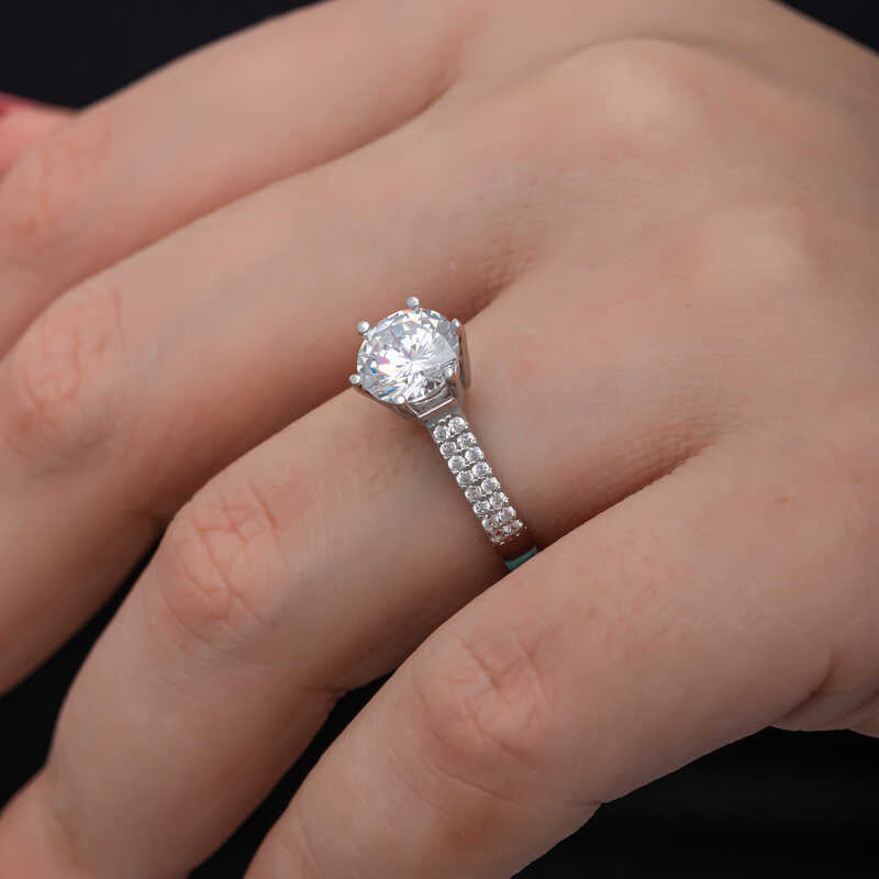 Elegant Solitaire Ring - Sterling Silver with Pavé Band