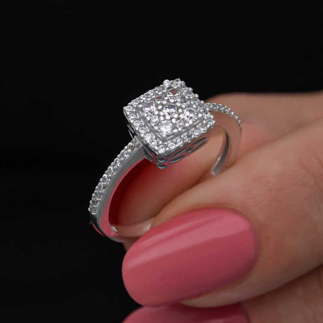 Ring - Sterling Silver Zircon Square Halo Pave