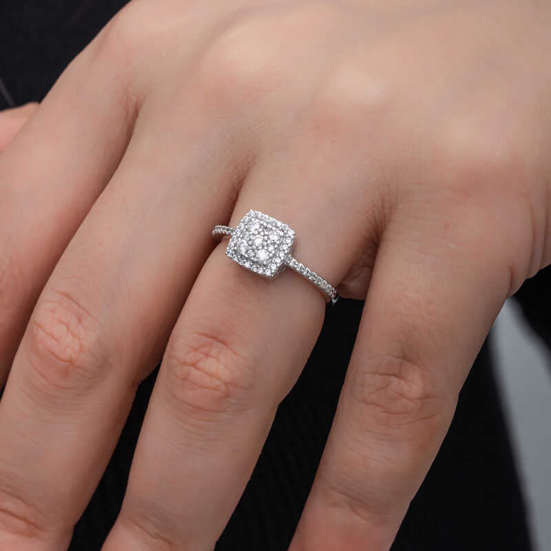 Ring - Sterling Silver Zircon Square Halo Pave