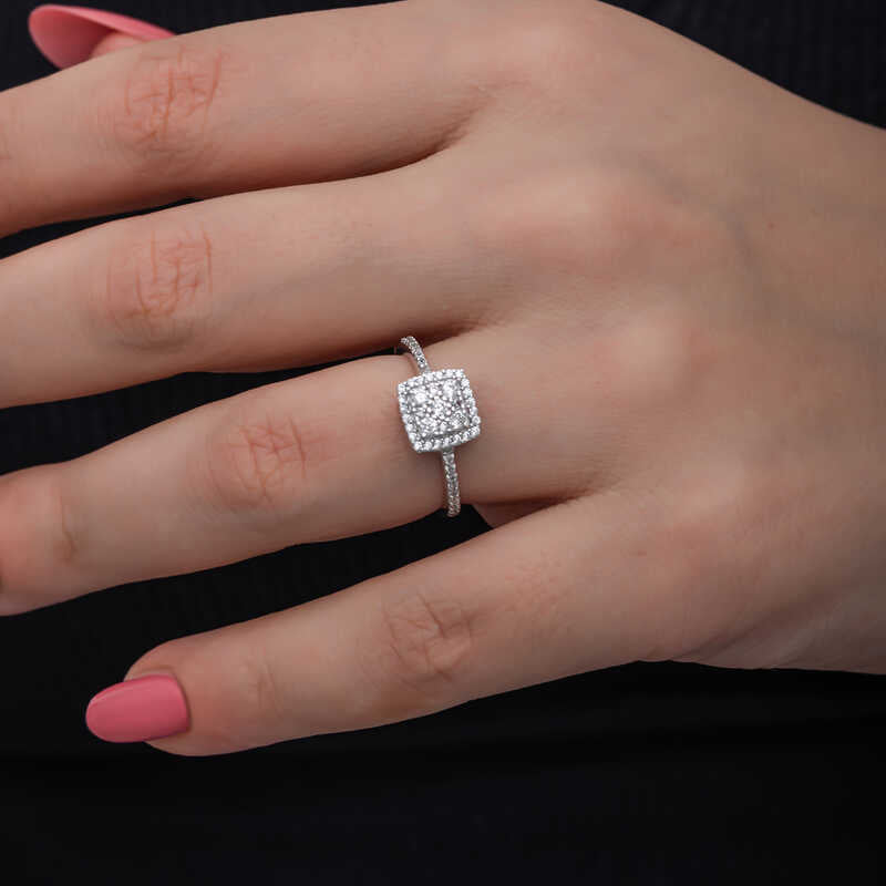 Ring - Sterling Silver Zircon Square Halo Pave