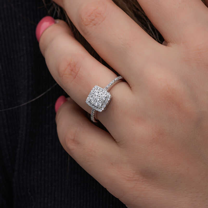 Ring - Sterling Silver Zircon Square Halo Pave