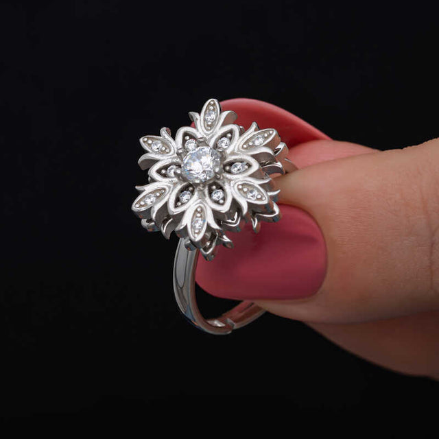 Sterling Silver Spinner Ring - Adjustable Snowflake Fidget with Zirconia
