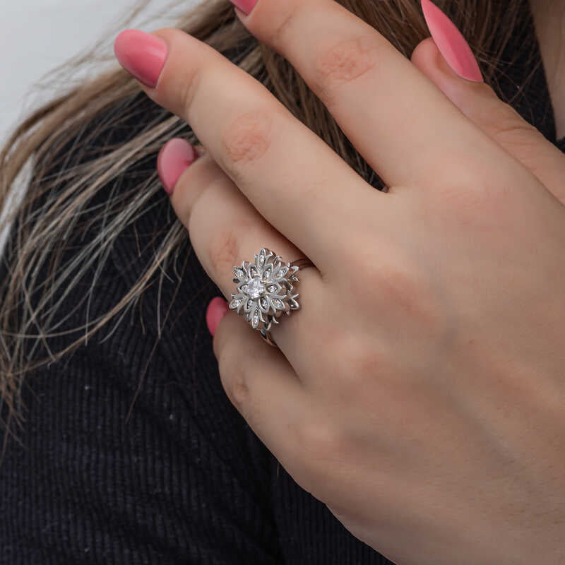 Sterling Silver Spinner Ring - Adjustable Snowflake Fidget with Zirconia