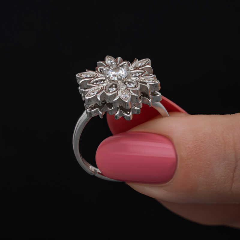Sterling Silver Spinner Ring - Adjustable Snowflake Fidget with Zirconia