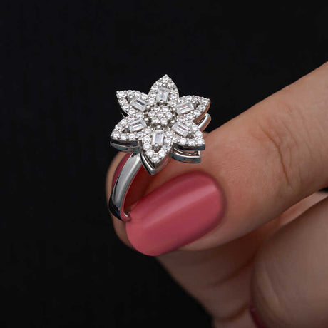 Fidget Ring - Silver-Tone Star Baguette & Pave Diamond Simulant Ring
