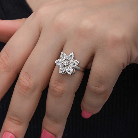 Fidget Ring - Silver-Tone Star Baguette & Pave Diamond Simulant Ring