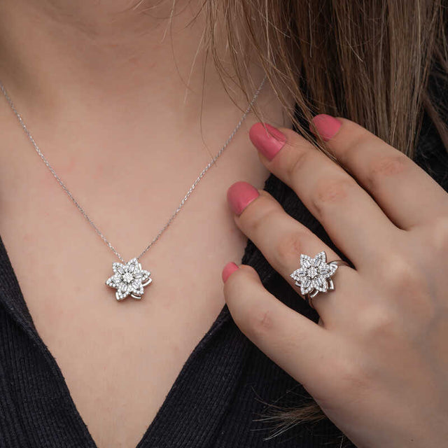 Sterling Silver Spinner Necklace & Ring Set - Sparkling Star Design