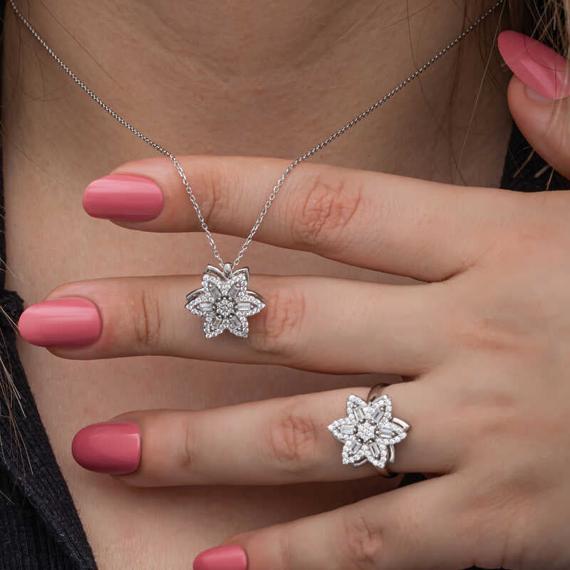 Sterling Silver Spinner Necklace & Ring Set - Sparkling Star Design