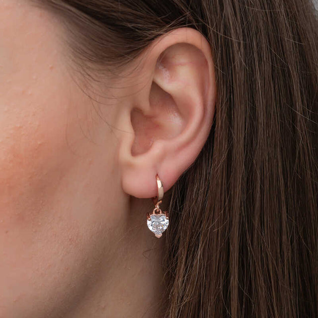 Sterling Silver Rose Gold Plated Heart Hoop Earrings - White Cubic Zirconia