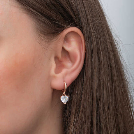 Sterling Silver Rose Gold Plated Heart Hoop Earrings - White Cubic Zirconia