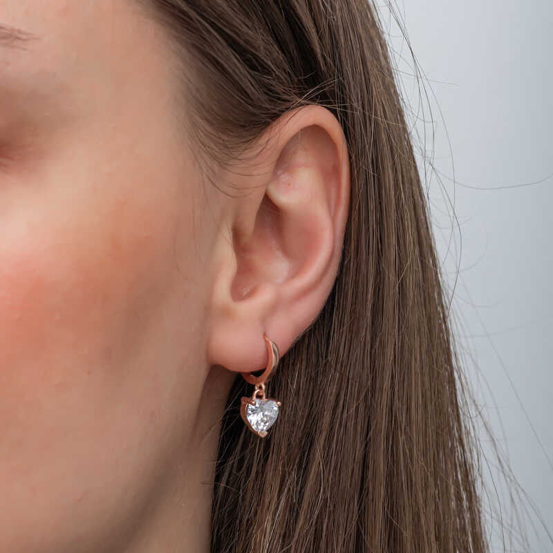 Sterling Silver Rose Gold Plated Heart Hoop Earrings - White Cubic Zirconia