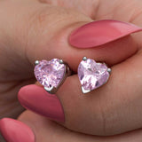 Dainty Pink Heart Stud Earrings - Sparkling Zirconia Silver-Tone