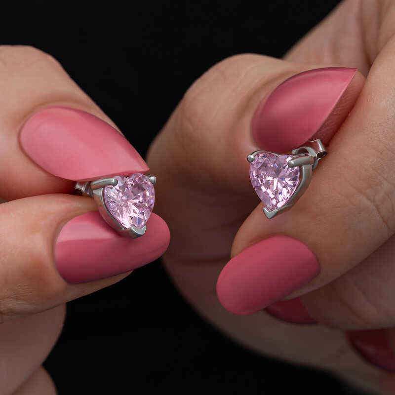 Dainty Pink Heart Stud Earrings - Sparkling Zirconia Silver-Tone