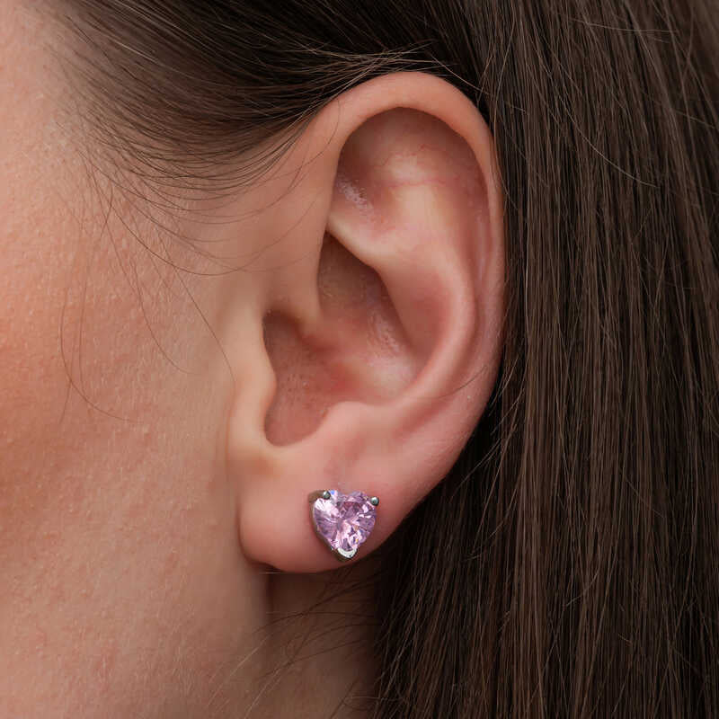 Dainty Pink Heart Stud Earrings - Sparkling Zirconia Silver-Tone