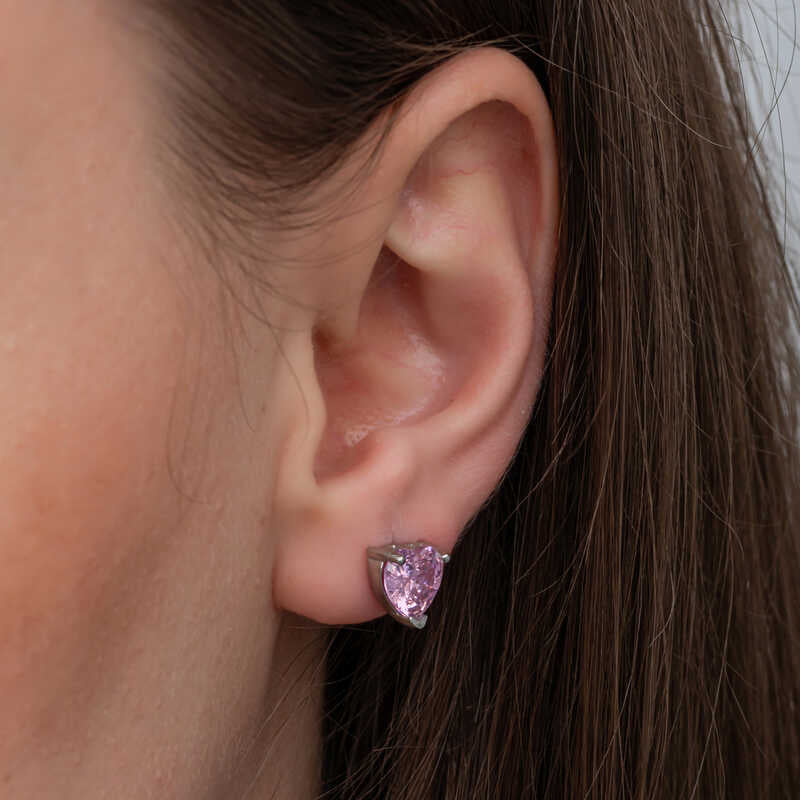 Dainty Pink Heart Stud Earrings - Sparkling Zirconia Silver-Tone