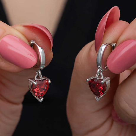Sterling Silver Red Heart Hoop Drop Earrings - Dainty & Romantic