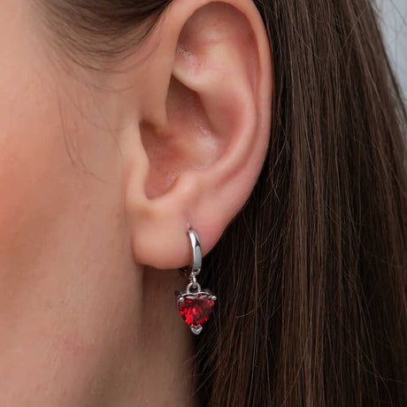 Sterling Silver Red Heart Hoop Drop Earrings - Dainty & Romantic