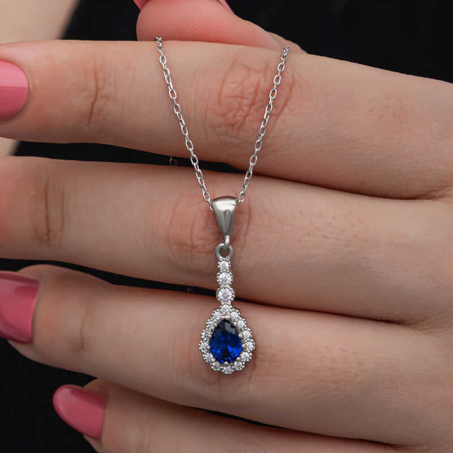 Sterling Silver Blue Zircon Teardrop Halo Pendant Necklace