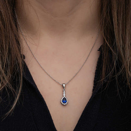Sterling Silver Blue Zircon Teardrop Halo Pendant Necklace
