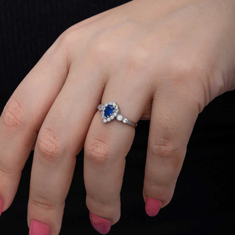 Sterling Silver Pear Blue Zircon Halo Ring - Elegant Style