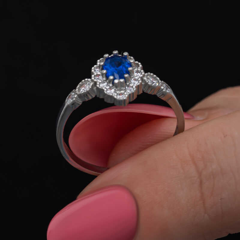 Sterling Silver Pear Blue Zircon Halo Ring - Elegant Style