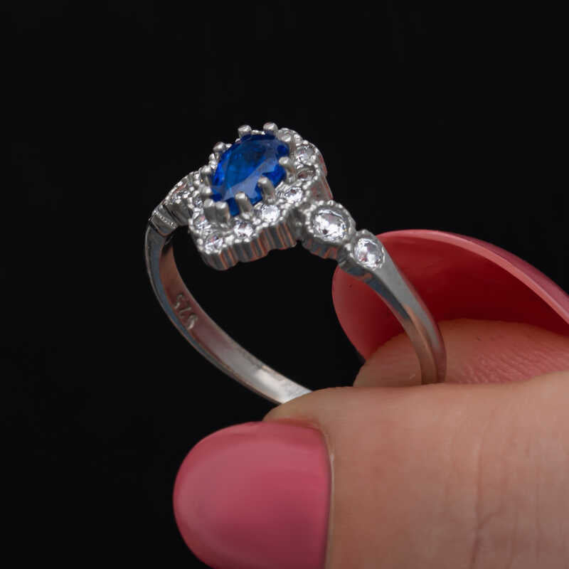 Sterling Silver Pear Blue Zircon Halo Ring - Elegant Style