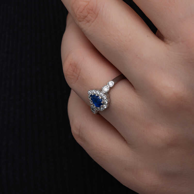 Sterling Silver Pear Blue Zircon Halo Ring - Elegant Style