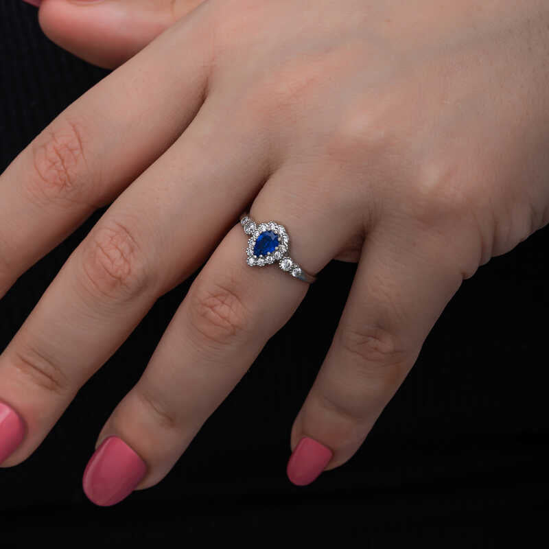 Sterling Silver Pear Blue Zircon Halo Ring - Elegant Style