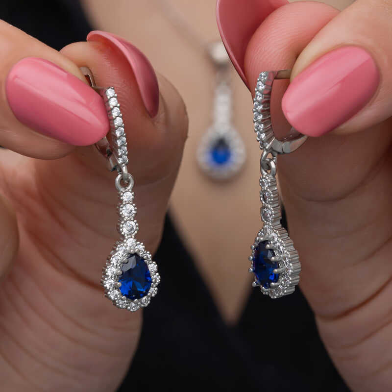 طقم مجوهرات - فضة استرلينية بتصميم دمعة من الزركون الأزرق