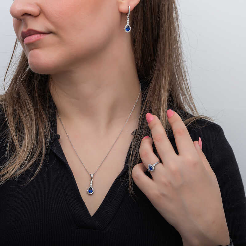 طقم مجوهرات - فضة استرلينية بتصميم دمعة من الزركون الأزرق
