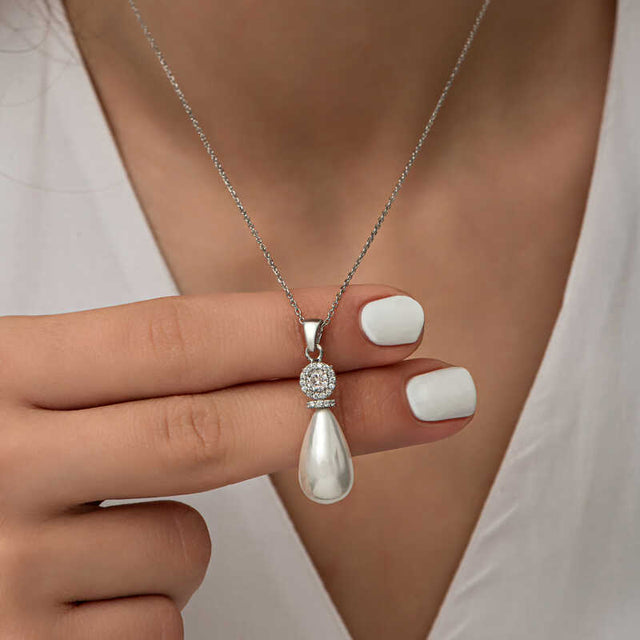 Sterling Silver Pearl Teardrop Necklace - Dainty Halo Design