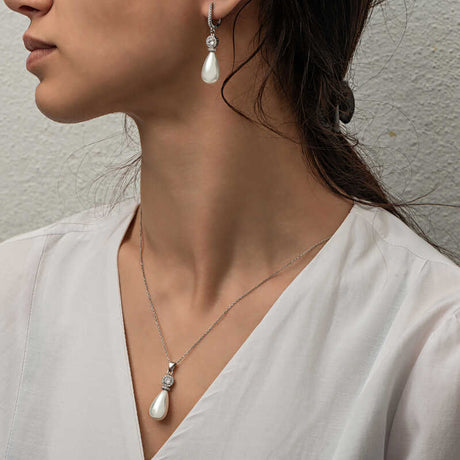 Elegant Sterling Silver Teardrop Pearl & Zirconia Jewelry Set