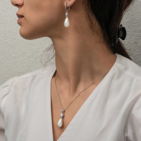 Elegant Sterling Silver Teardrop Pearl & Zirconia Jewelry Set