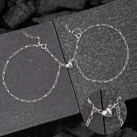 Sterling Silver Magnetic Couple Bracelets - Interlocking Heart Design