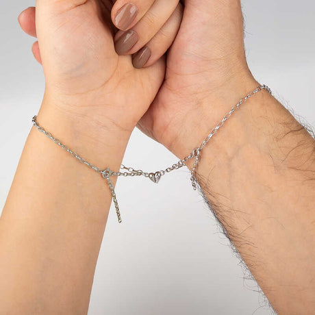 Sterling Silver Magnetic Couple Bracelets - Interlocking Heart Design