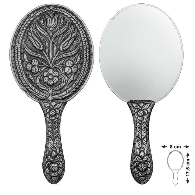 Antique Silver Ornate Tulip Motif Handheld Mirror