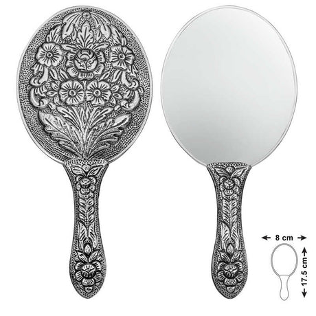 Hand Mirror - Silver Embossed Daisy & Rose Motif Vintage Style