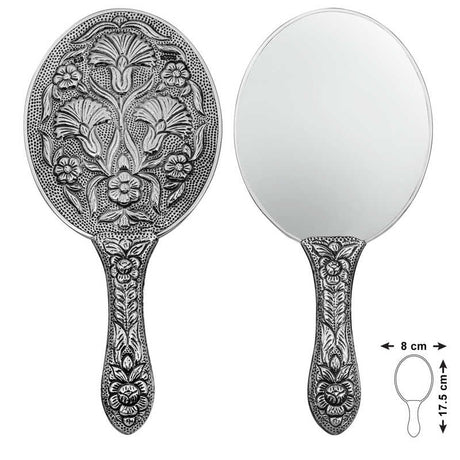 Hand Mirror - Silver-Tone Ornate Carnation Floral Design