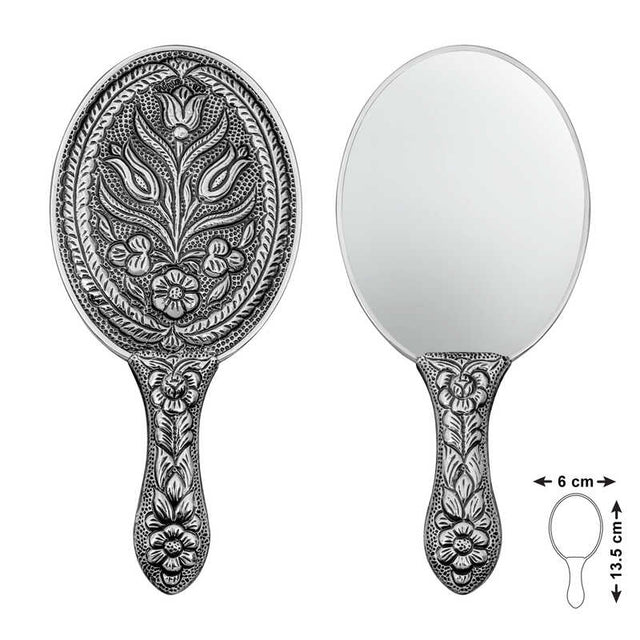 Sterling Silver Hand Mirror - Ornate Floral Embossed Tulip Design