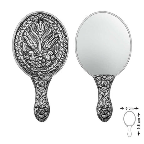 Silver-Tone Embossed Hand Mirror - Traditional Tulip Motif Design
