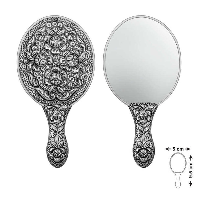 Sterling Silver Hand Mirror - Exquisite Embossed Rose Motif