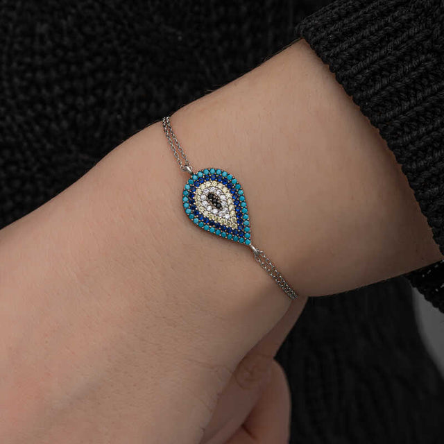 Silver-Tone Evil Eye Bracelet - Dainty Multi-Stone Teardrop Design