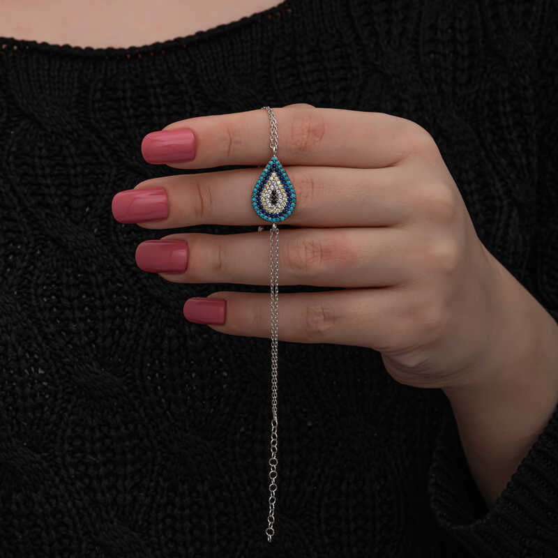 Silver-Tone Evil Eye Bracelet - Dainty Multi-Stone Teardrop Design